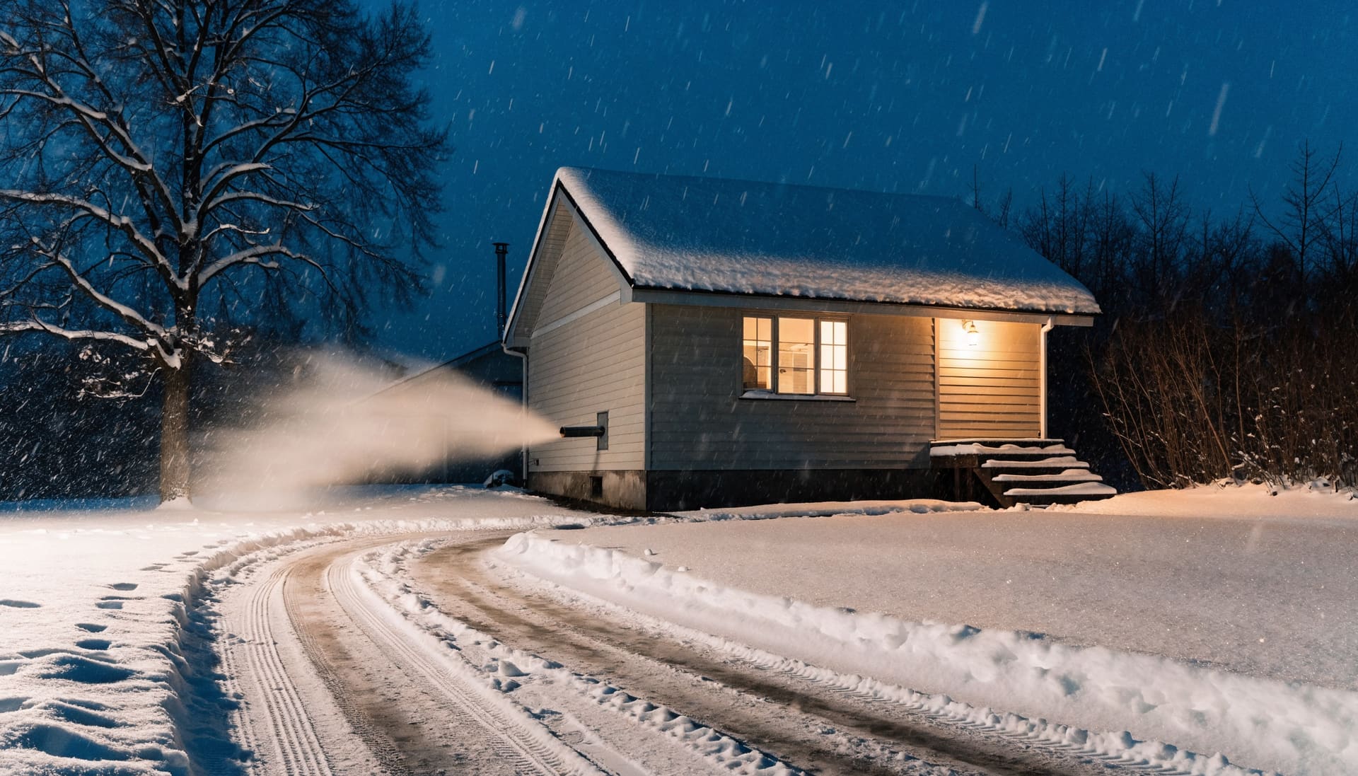 A snow-covered house at night with one lit window and vapour from the furnace vent (representative image)