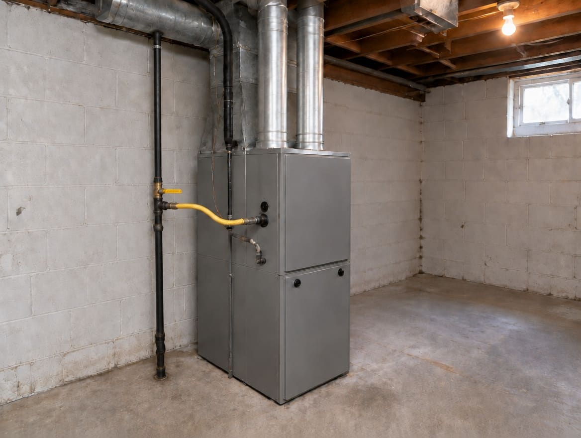 A gas furnace in a basement with its black iron gas line and metal venting (representative image)